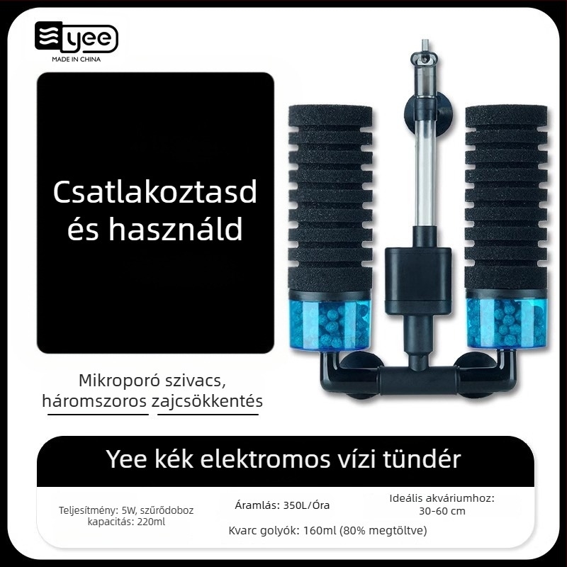 Akváriumi oxigénpumpa beépített threefunkciós vízforgató és szűrővel; Anyag: műanyag; Szűrőanyag: szűrőgyapot