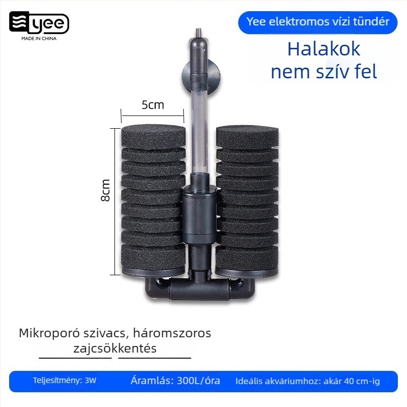 Akváriumi oxigénpumpa beépített threefunkciós vízforgató és szűrővel; Anyag: műanyag; Szűrőanyag: szűrőgyapot