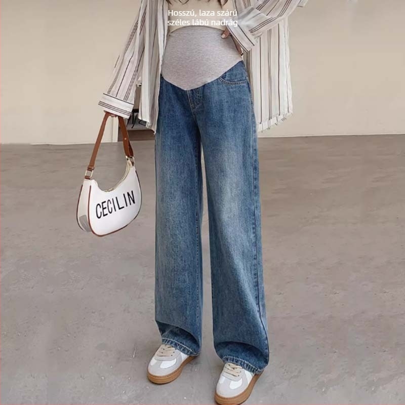 Kismama denim nadrág teljes pocak panellel, lazán szabott, széles szárú, 70–80% pamut, 2023 tél megjelenés