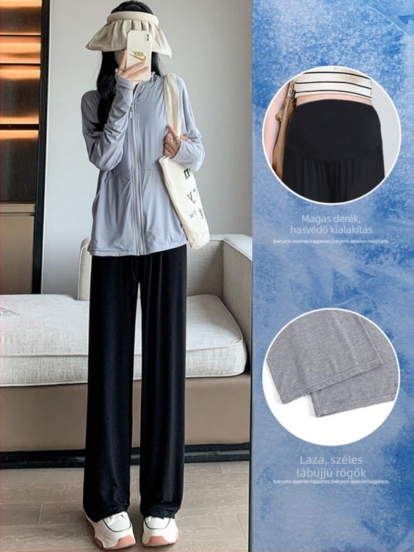 Nagy méretű kismama nadrág lazán szabott, széles lábú, légáteresztő vékony viszkóz szövet (95%+), magas elasztikusság