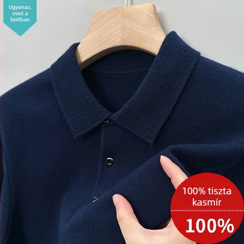 Férfi kasmír pulóver, tiszta kasmír, őszi–téli, galléros, hosszú ujjú kötött felső, alapréteg