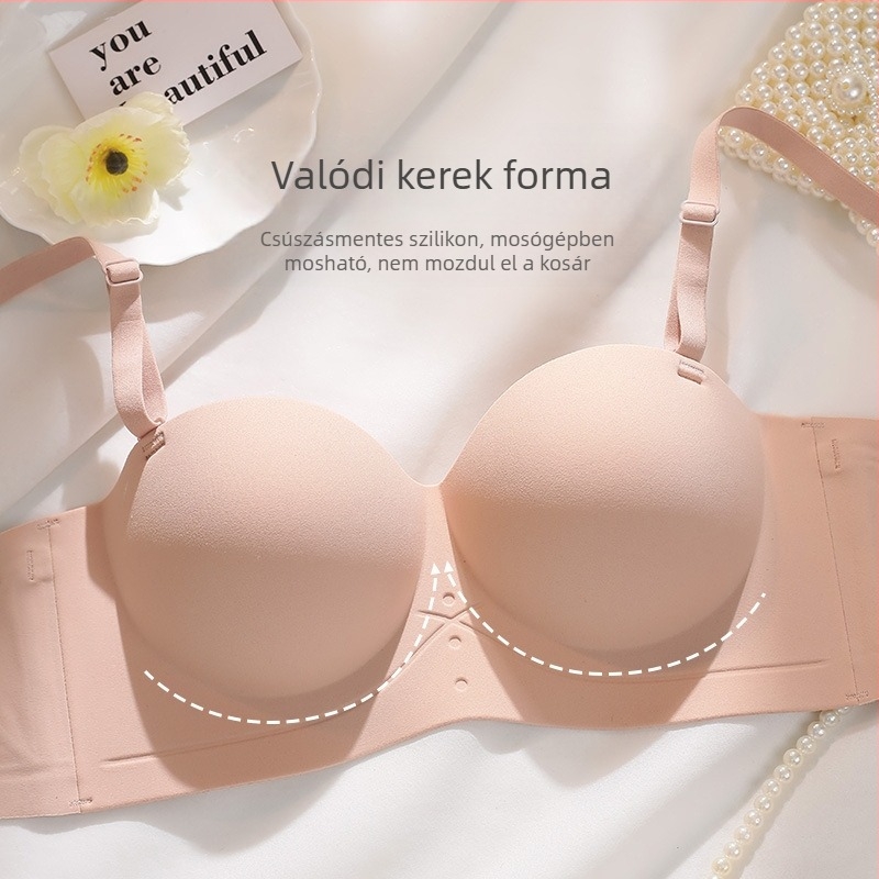 Varrás nélküli, vállpánt nélküli melltartó, lift hatással; kosár típus: 3/4, mold kosár; levehető, dupla vállpántok; fő anyag: nylon; bélés: elasztán legfeljebb 30%