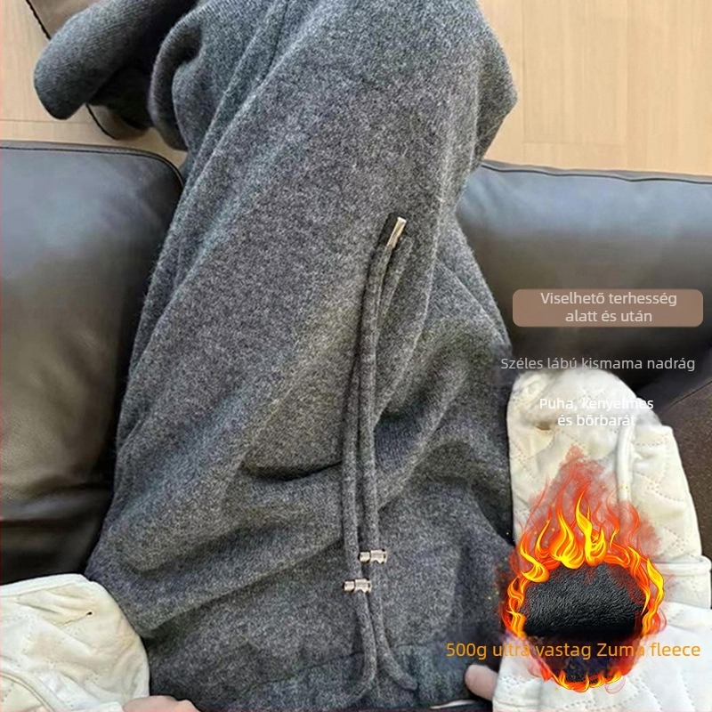 Őszi-téli terhes nadrág fleece-béléssel, vastag, mű gyapjú hatású anyag, 95% pamut-poliészter, széles lábak