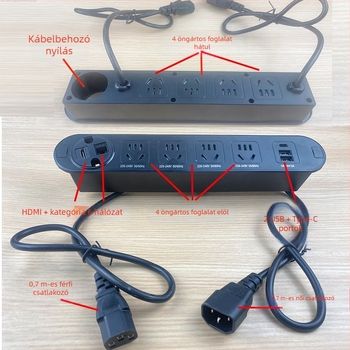 Qineng beépített asztali hosszabbító kétoldalas aljzattal, Daisy-chain csatlakozási lehetőség, USB-A és USB-C portok