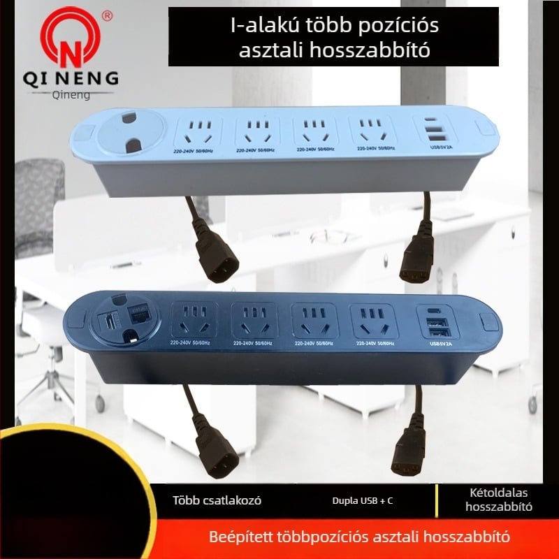 Qineng beépített asztali hosszabbító kétoldalas aljzattal, Daisy-chain csatlakozási lehetőség, USB-A és USB-C portok