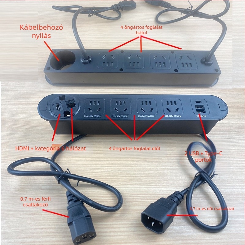 Qineng beépített asztali hosszabbító kétoldalas aljzattal, Daisy-chain csatlakozási lehetőség, USB-A és USB-C portok