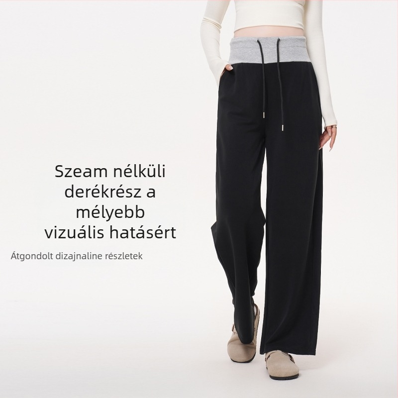 Masanon kismama nadrág tavaszra — petite-barát széles szárú, színblokkokkal, gyapjúkeverék, has támogatás
