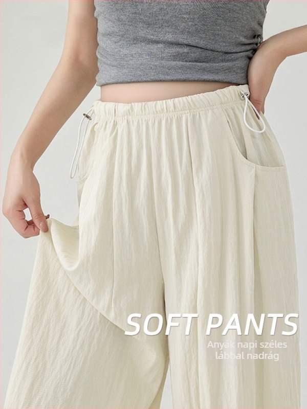 Várandós nők nyári nadrág, lazán szabott, széles formájú, vékony poliészter anyag, 95% poliészter, 2025 nyár