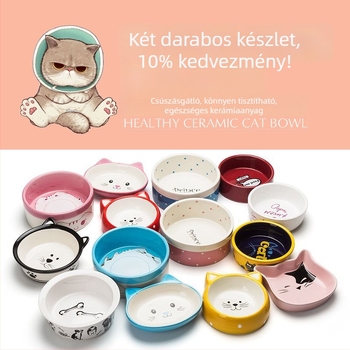 Kerámia etetőtál macska és kistestű kutya számára, dupla tál, anti-tip és csúszásmentes alátét
