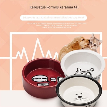 Kerámia etetőtál macska és kistestű kutya számára, dupla tál, anti-tip és csúszásmentes alátét
