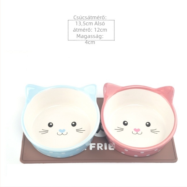 Kerámia etetőtál macska és kistestű kutya számára, dupla tál, anti-tip és csúszásmentes alátét