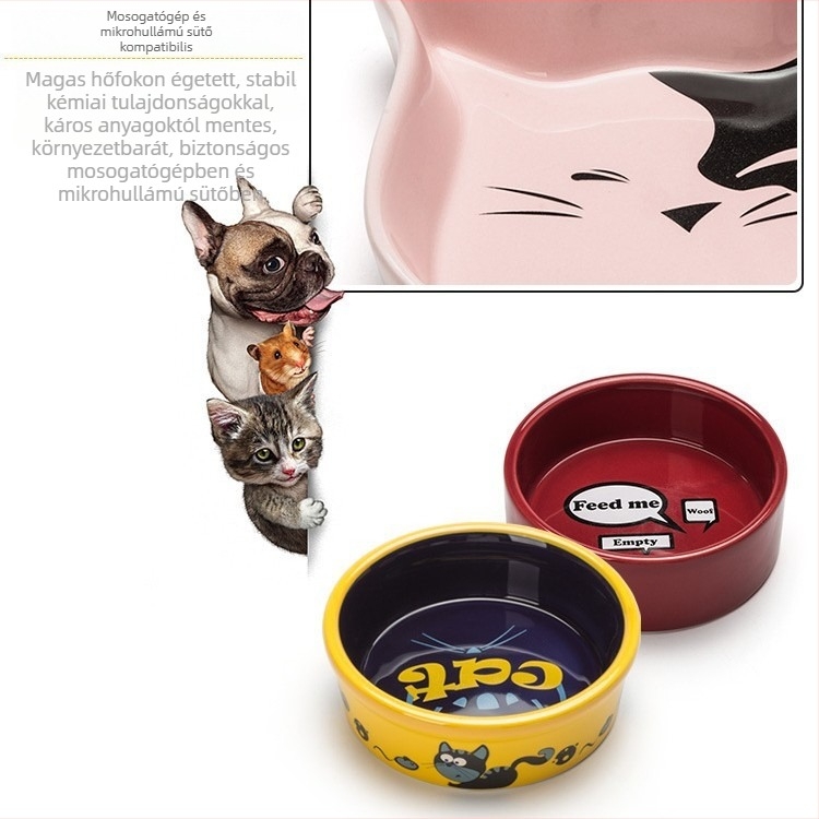 Kerámia etetőtál macska és kistestű kutya számára, dupla tál, anti-tip és csúszásmentes alátét