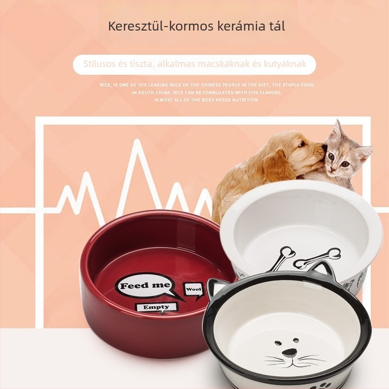 Kerámia etetőtál macska és kistestű kutya számára, dupla tál, anti-tip és csúszásmentes alátét