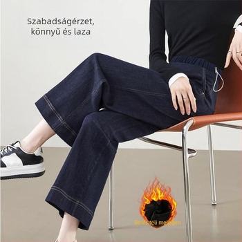 Várandós nőknek készült denim nadrág, széles szabás, hasi támasz, fleece-béléssel téli szezonra, vastag