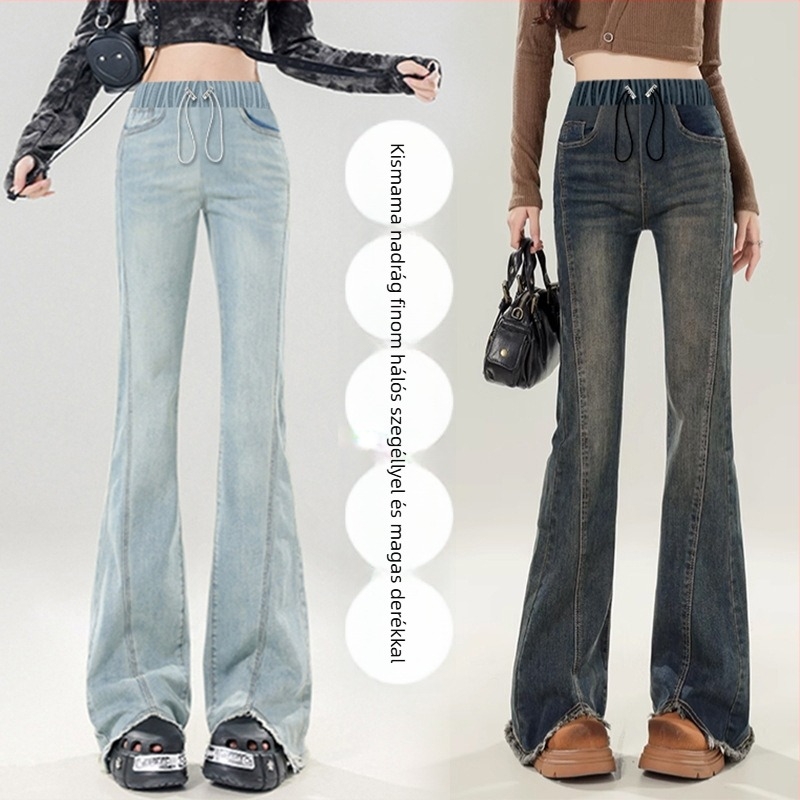 Terhes nőknek készült denim farmernadrág, magas derekú, húzókötővel, széles szárú, hasi támasz