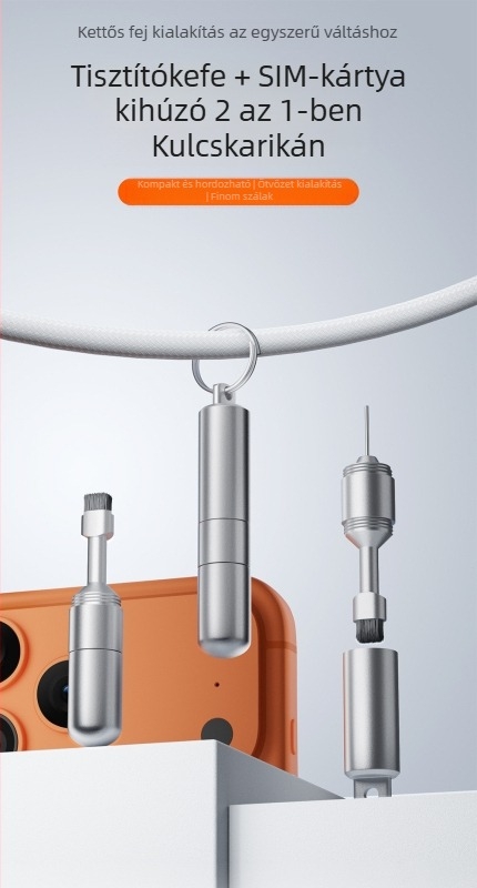 Mobiltelefonokhoz készült univerzális eszköz: SIM-kártya eltávolító tű, fejhallgató tisztító toll, SIM/akku rekesz tisztító sörtéje, többfunkciós