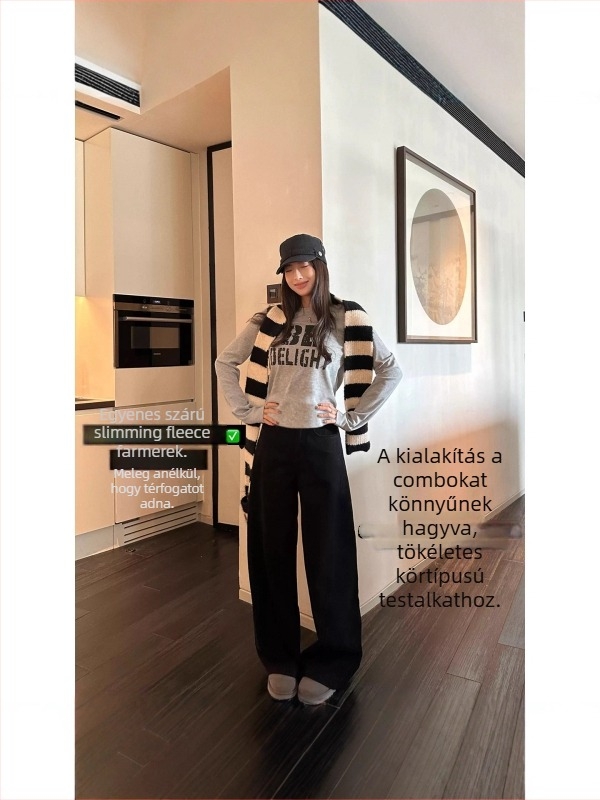 Anyasági denim hosszú nadrág, vastag téli anyag, magas derék, széles szabás, pamut-spandex keverék