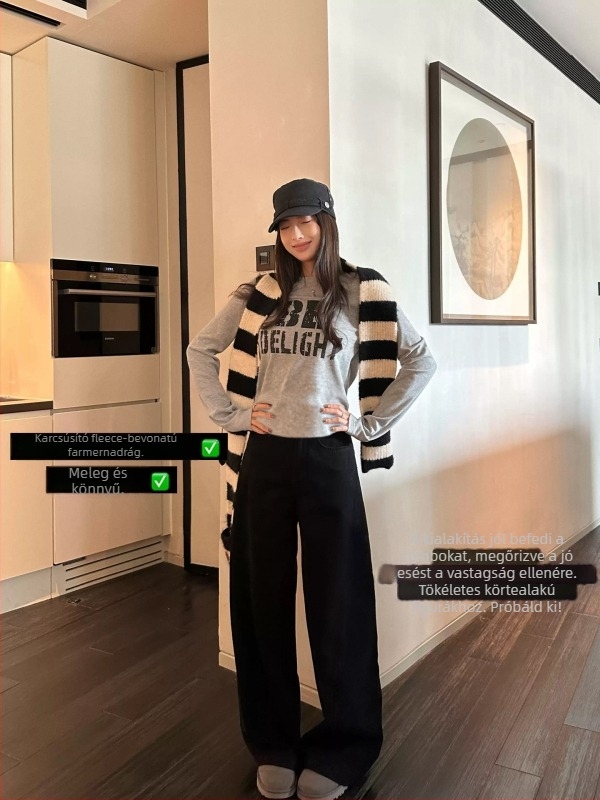 Anyasági denim hosszú nadrág, vastag téli anyag, magas derék, széles szabás, pamut-spandex keverék