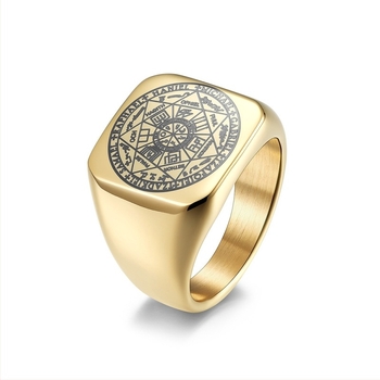 Gyűrű titánacélból – Solomon Kabala pecsét, Hetes csillag motívum, Férfi, irodalmi retró stílus, Pontos kidolgozás
