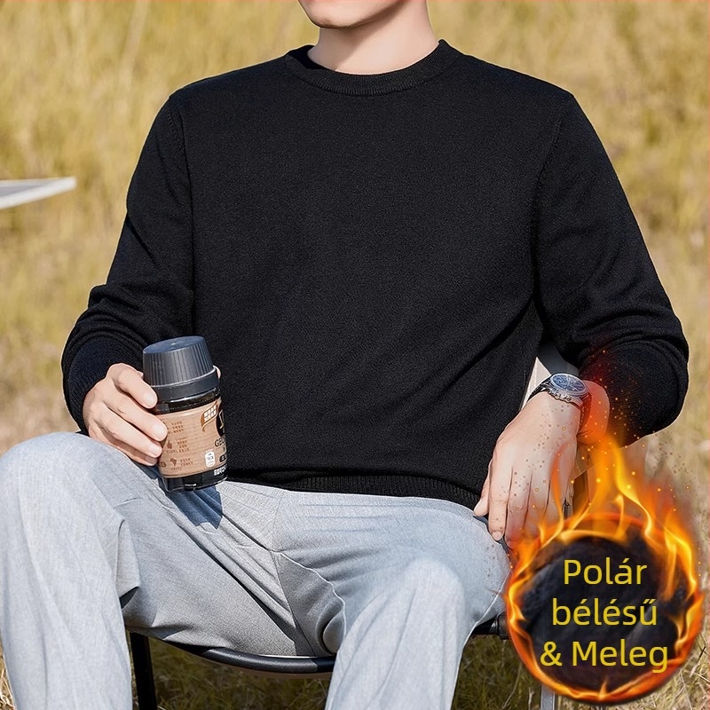 Férfi egyszínű kötött pulóver fleece-béléssel, meleg, kerek nyakú, fekete.