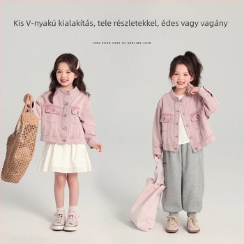 Lányoknak szóló tavaszi koreai stílusú gyerekdzseki, pamut-denim 70–80% pamut, hosszú ujjú, egysoros gombolás