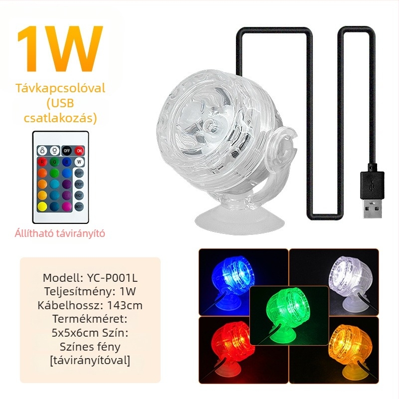 Akvarisztikus LED spotlámpa 1W távirányítóval, színváltó világítással, vízálló éjszakai fény
