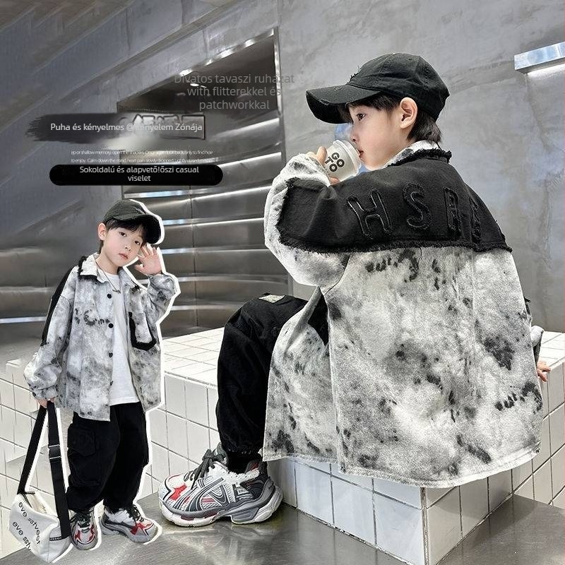 Fiúknak szóló denim tie-dye dzseki, polo gallér, egyrészes zárás, koreai stílus, őszi 2024