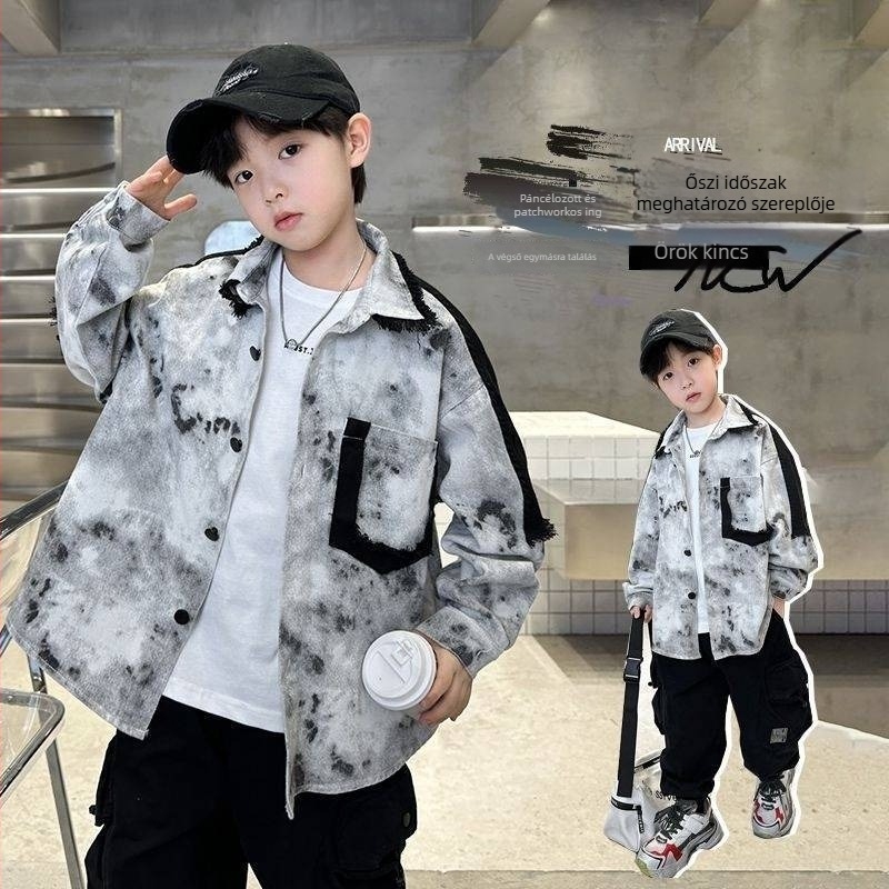 Fiúknak szóló denim tie-dye dzseki, polo gallér, egyrészes zárás, koreai stílus, őszi 2024
