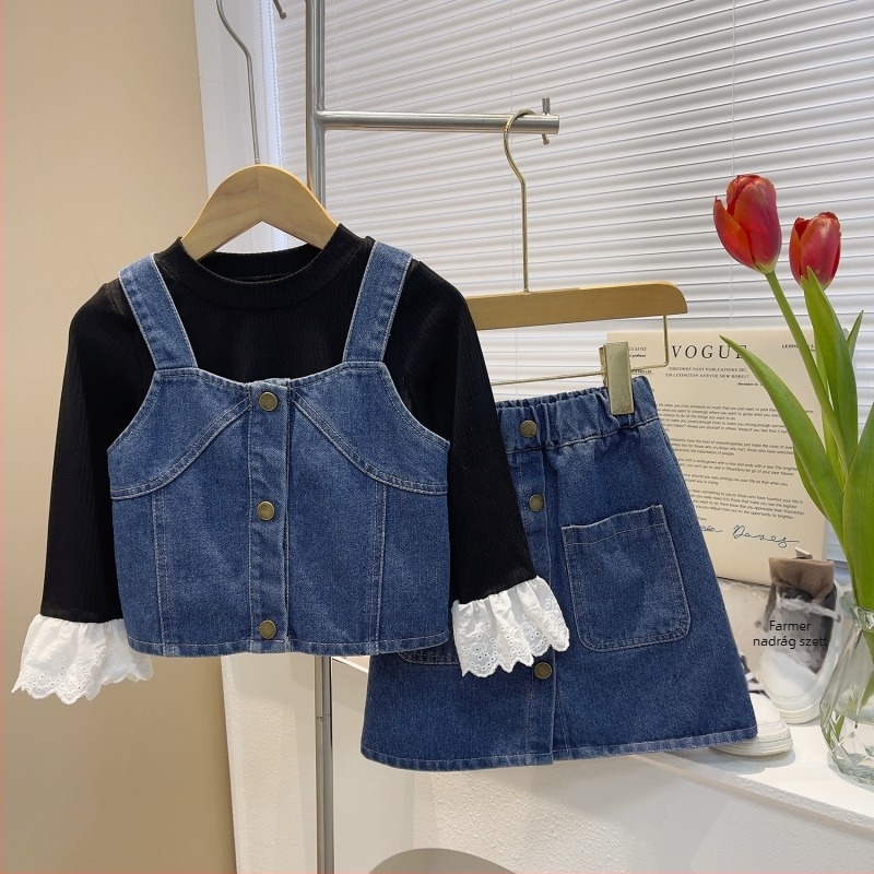 Gyerekeknek szóló koreai stílusú háromrészes denim szett csipkével díszített hosszú ujjú toppal, 3–8 éveseknek, tavasz–ősz, 95% spandex