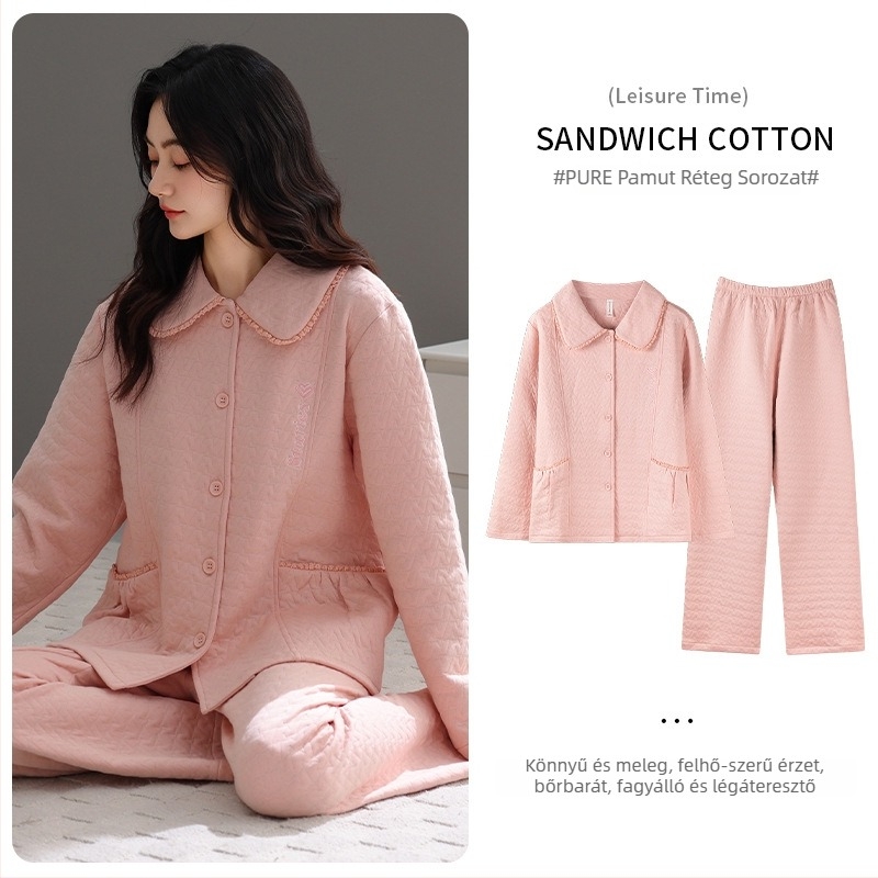 Női pizsama készlet — kardigán stílus, Mezzanine anyag, vastag, 251–300 g/m², rever típusú gallér