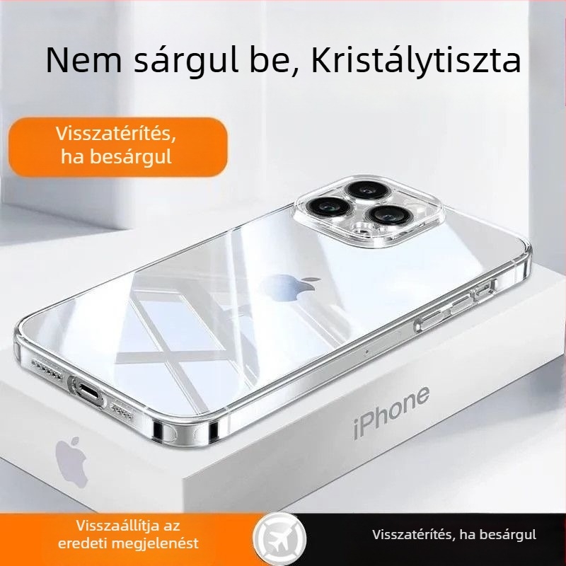 Ultra vékony, átlátszó tok iPhone 14, 13 Pro Max, 15 Plus, 12/11 készülékekhez, kameralencsével