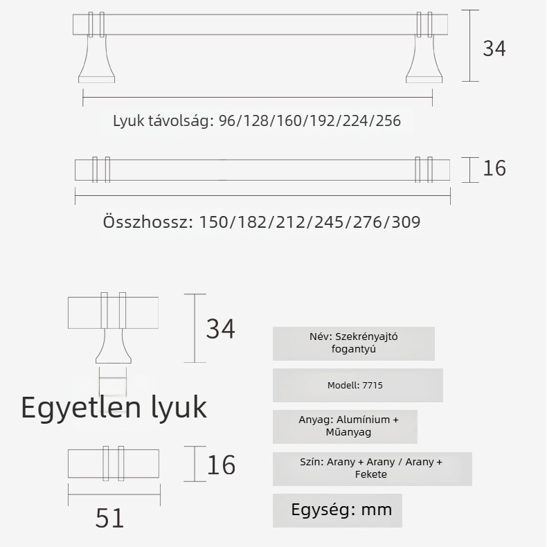 Szekrényajtó fogantyú, modern minimál stílus, cink ötvözet, elektroplating felület, modell 7715