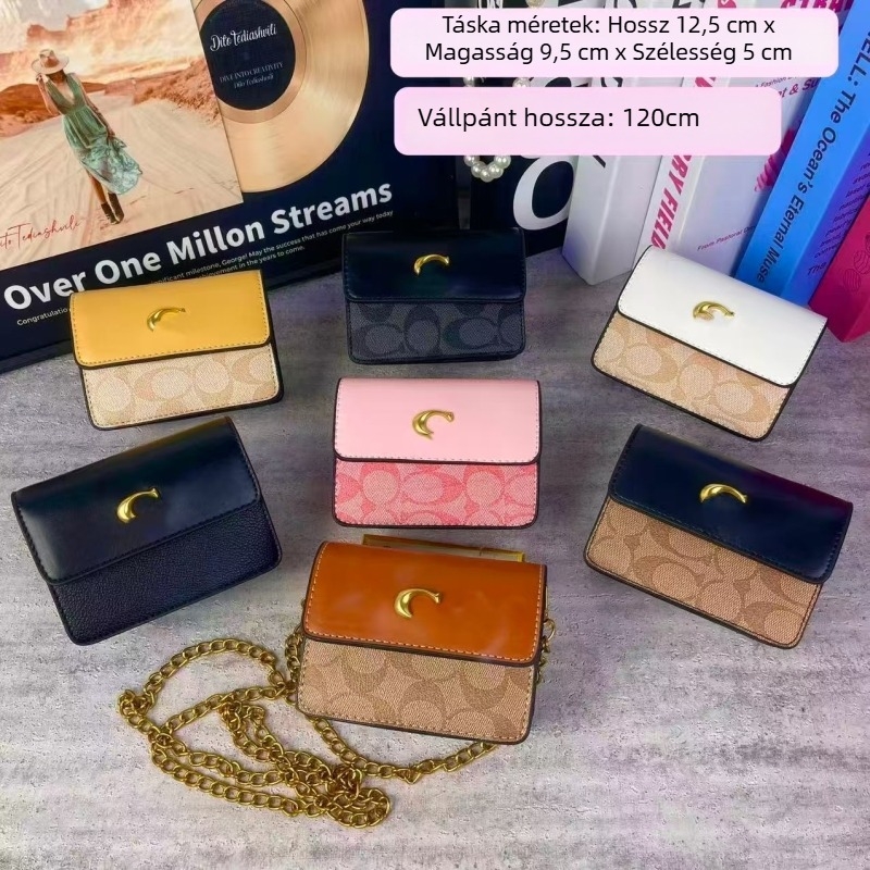 Crossbody táska C-alakú csattal és lánccal, kis négyszögletes forma, PU anyag, fedél zárás, belső telefonzseb, egyszerű vállpánt
