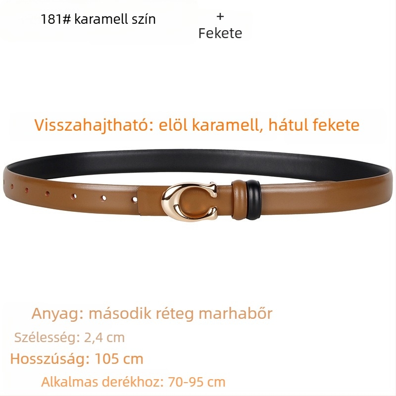 Női öv C-alakú csattal, kétoldalas, valódi bőr, szélesség 2–4 cm, snap zár, elektroplakált felület