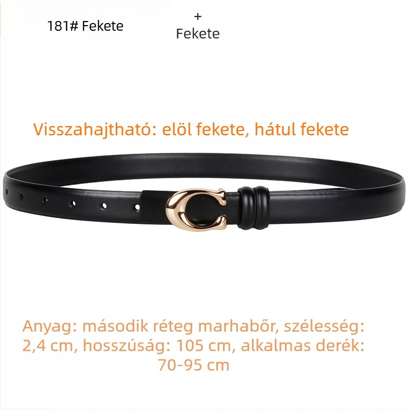Női öv C-alakú csattal, kétoldalas, valódi bőr, szélesség 2–4 cm, snap zár, elektroplakált felület