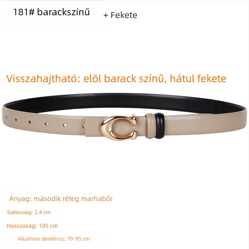 Női öv C-alakú csattal, kétoldalas, valódi bőr, szélesség 2–4 cm, snap zár, elektroplakált felület