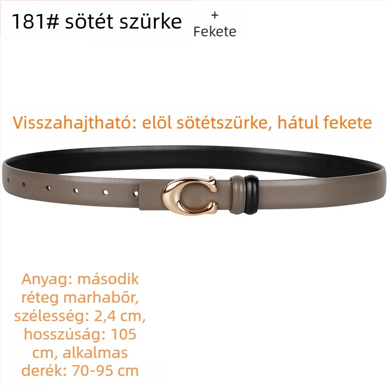 Női öv C-alakú csattal, kétoldalas, valódi bőr, szélesség 2–4 cm, snap zár, elektroplakált felület