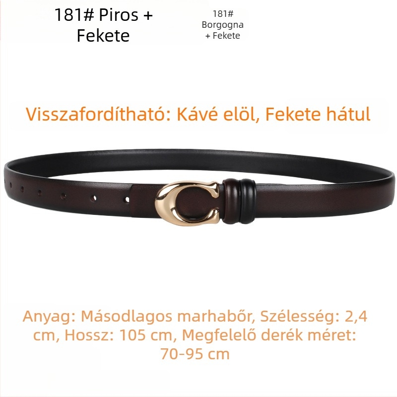 Női öv C-alakú csattal, kétoldalas, valódi bőr, szélesség 2–4 cm, snap zár, elektroplakált felület