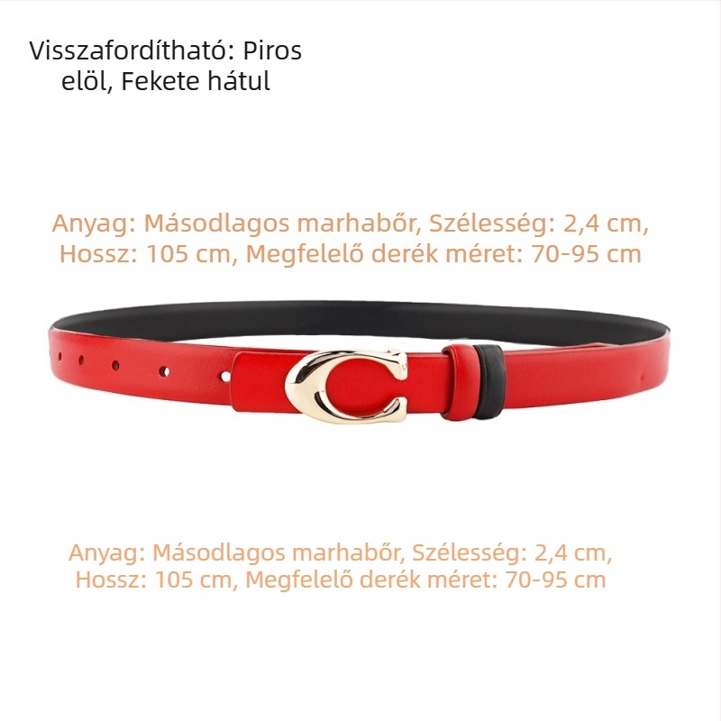 Női öv C-alakú csattal, kétoldalas, valódi bőr, szélesség 2–4 cm, snap zár, elektroplakált felület