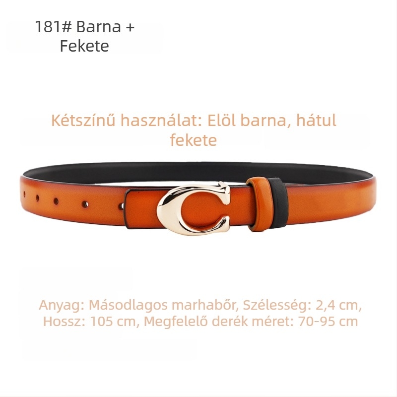 Női öv C-alakú csattal, kétoldalas, valódi bőr, szélesség 2–4 cm, snap zár, elektroplakált felület