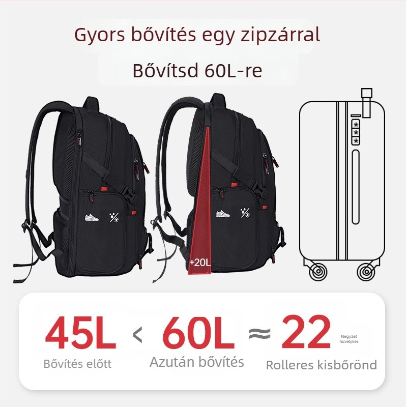 Utazó hátizsák, vízálló, 56–75L kapacitás, Oxford anyag, ívelt vállpánt