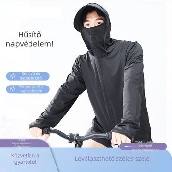 Kapucnis napsugárvédő kabát kültéri sportokra | UPF50+; Poliészter 95% + Spandex 5%; Cipzár; Oldalsó zsebek