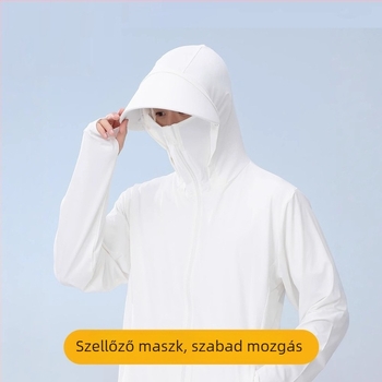 Kapucnis napsugárvédő kabát kültéri sportokra | UPF50+; Poliészter 95% + Spandex 5%; Cipzár; Oldalsó zsebek