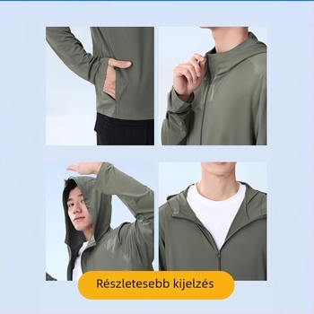 Kapucnis napsugárvédő kabát kültéri sportokra | UPF50+; Poliészter 95% + Spandex 5%; Cipzár; Oldalsó zsebek