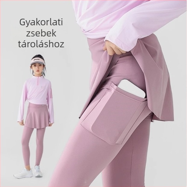 Gyerekeknek készült gyorsan száradó sportnadrág, hamis két részes teniszes szoknya dizájnnal, magas derék, 20% spandex, anyag kezelt folyékony ammóniával, 3–8 éveseknek