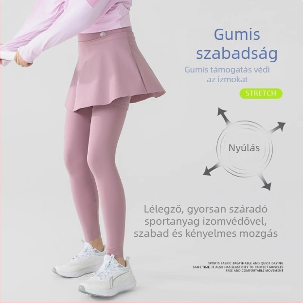 Gyerekeknek készült gyorsan száradó sportnadrág, hamis két részes teniszes szoknya dizájnnal, magas derék, 20% spandex, anyag kezelt folyékony ammóniával, 3–8 éveseknek