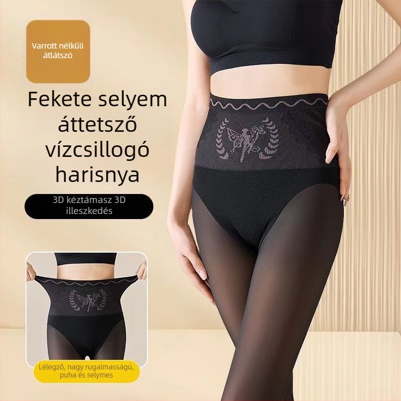 Fekete áttetsző harisnyanadrág hasformázóval és fenékemeléssel, fleece-vel bélelt, vastag téli harisnyanadrág