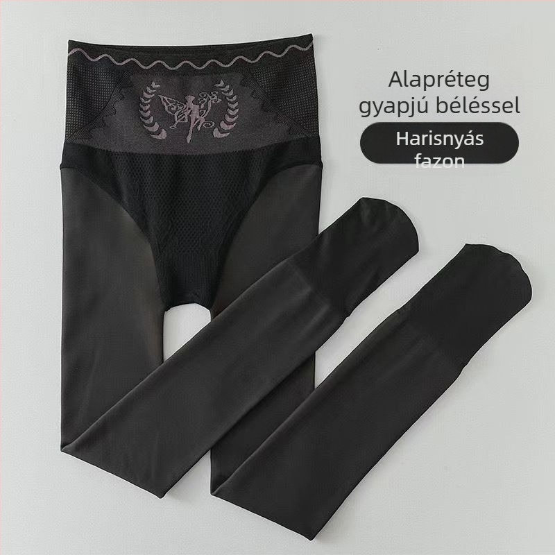 Fekete áttetsző harisnyanadrág hasformázóval és fenékemeléssel, fleece-vel bélelt, vastag téli harisnyanadrág