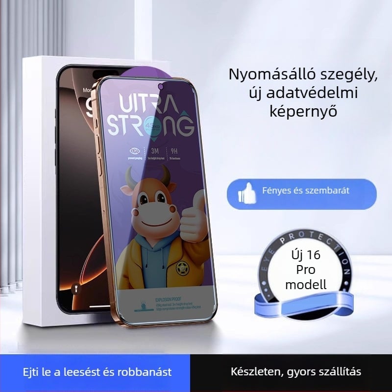 iPhone 16 Pro Maxhoz tervezett edzett üveg kijelzővédő, anti‑nyomó él, 25° elektroplatinált felület, magánéletvédelmi és ütésálló védelem