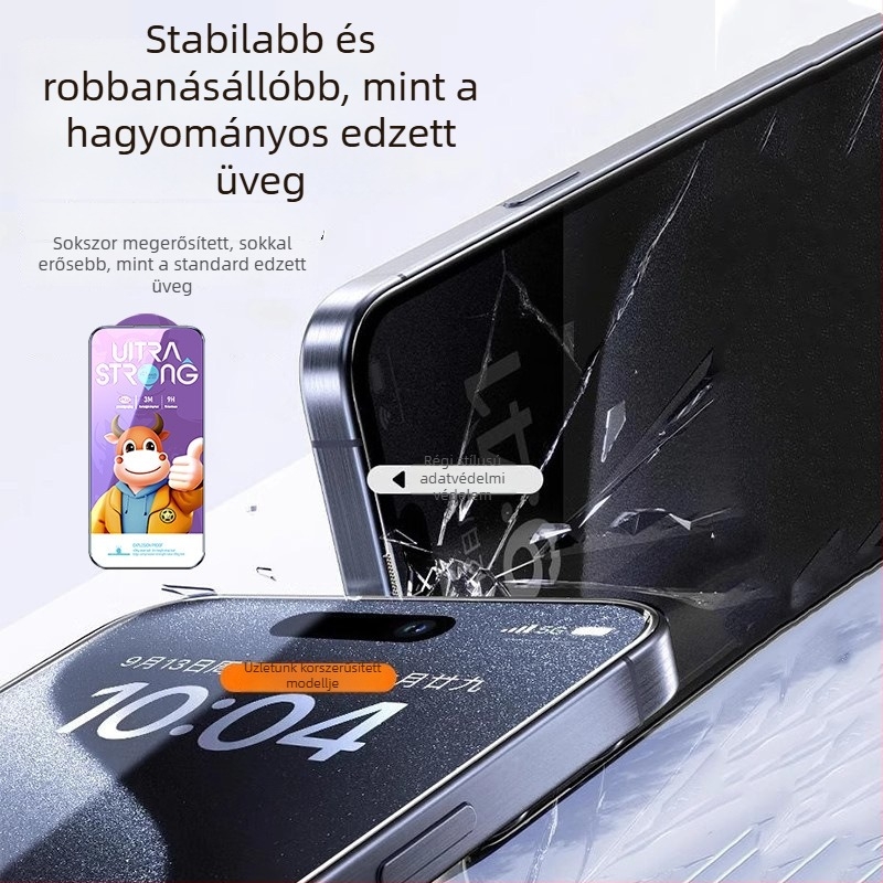 iPhone 16 Pro Maxhoz tervezett edzett üveg kijelzővédő, anti‑nyomó él, 25° elektroplatinált felület, magánéletvédelmi és ütésálló védelem